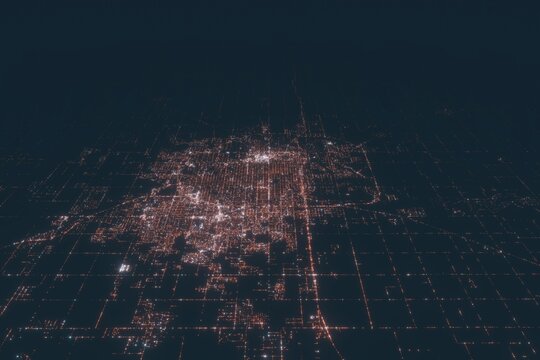 Lubbock aerial view at night. Top view on modern city with street lights