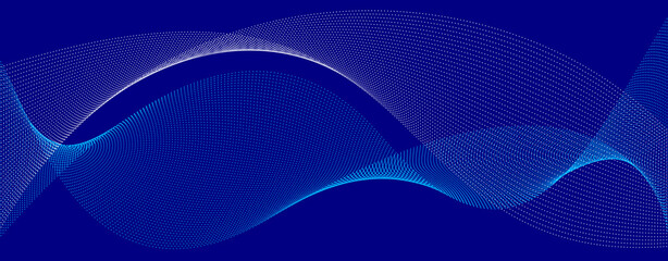 Dark blue abstract background, vector wave of flowing particles, curvy lines of dots in motion, technology and science theme, airy and ease futuristic illustration.