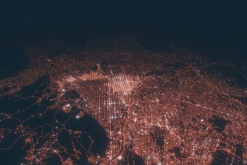 Sapporo aerial view at night. Top view on modern city with street lights