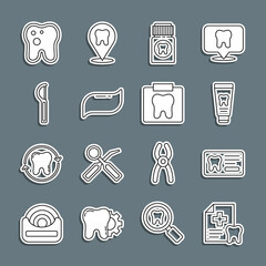 Set line Dental card, Tube of toothpaste, Painkiller tablet, Toothpaste, floss, with caries and X-ray icon. Vector