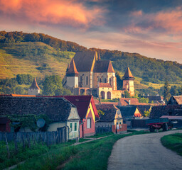 Colorful summer view of Fortified Church of Biertan, UNESCO World Heritage Sites since 1993. Rural ...