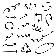 Icon set of hand drawn arrows. Doodle vector illustration.