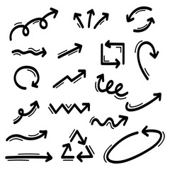 Icon set of hand drawn arrows. Doodle vector illustration.