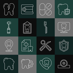 Set line Otolaryngological head reflector, Dental protection, clinic location, Painkiller tablet, card, Toothbrush, Broken tooth and icon. Vector
