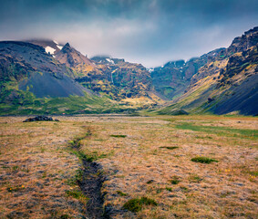 Typical Icelandic landscape with volcanic peaks. Dramatic summer scene of Iceland, Europe. Beauty...