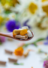 Homeopathy and dietary supplements from medicinal herbs. Selective focus.