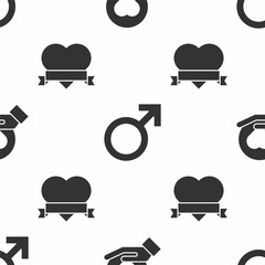 Set Heart on hand, Male gender symbol and Heart and ribbon on seamless pattern. Vector