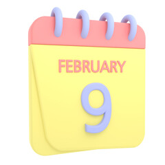 9th February 3D calendar icon. Web style. High resolution image. White background