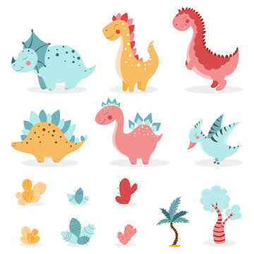set of vector isolated dinosaurs on white background, cute dinosaurs, dinosaurs for kids, dino