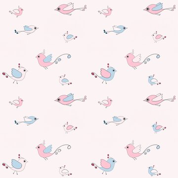 cute, delicate drawing of a bird in the sky in pink and blue tones, an endless background for fashionable design of textile fabrics for babies and newborns or web wallpapers