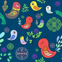 Obraz premium Seamless bright multi-colored pattern of birds in love and flowers on a light background. Design template for wallpaper, fabric or web page.