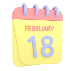 18th February 3D calendar icon. Web style. High resolution image. White background