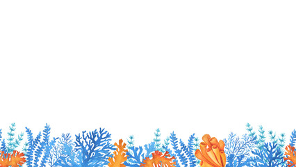 Seamless pattern, border, frame with a underwater life objects, blue and orange sea plants. Illustrations of tropical aquarium seaweed. Marine aquarium flora. Watercolor painting on white background © arxichtu4ki