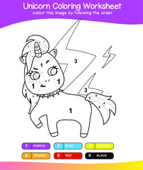 Unicorn coloring worksheet page. Coloring worksheet for preschool. Black and white image for coloring. Vector illustration.