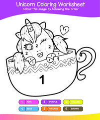 Unicorn coloring worksheet page. Coloring worksheet for preschool. Black and white image for coloring. Vector illustration.