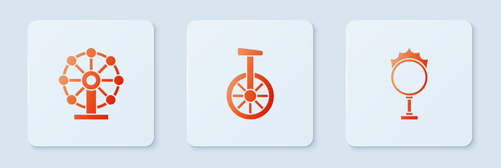 Set Unicycle or one wheel bicycle, Ferris and Circus fire hoop. White square button. Vector © Oksana