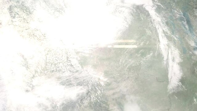 Earth zoom in from outer space to city. Zooming on Medicine Hat, Alberta, Canada. The animation continues by zoom out through clouds and atmosphere into space. Images from NASA