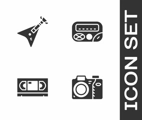 Set Photo camera, Electric bass guitar, VHS video cassette tape and Pager icon. Vector