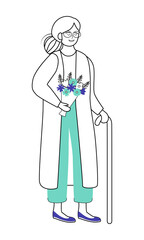 Peacefully smiling woman with cane for walking semi flat color vector character. Standing figure. Full body person on white. Simple cartoon style illustration for web graphic design and animation