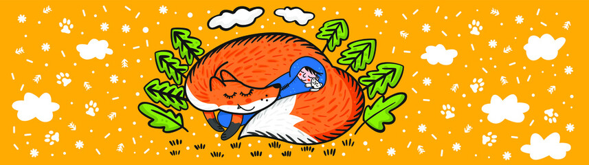 Illustration of a child sleeping in sleeping bag by cute big fox with forest on its back.
