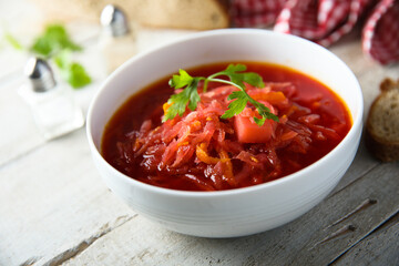 Traditional homemade beetroot soup with fresh parsley