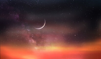  orange sunset and moon on  lilac blue starry night  dramatic clouds  nebula universe