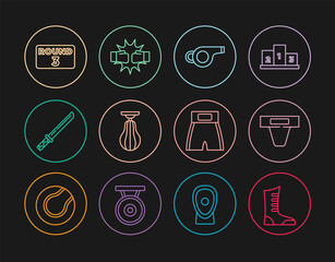 Set line Sport boxing shoes, Groin guard, Whistle, Punching bag, Japanese katana, Boxing ring board, short and gloves icon. Vector