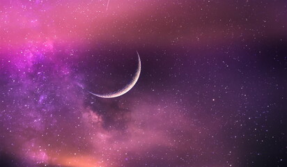 Fototapeta na wymiar orange sunset and moon on lilac blue starry night dramatic clouds nebula universe