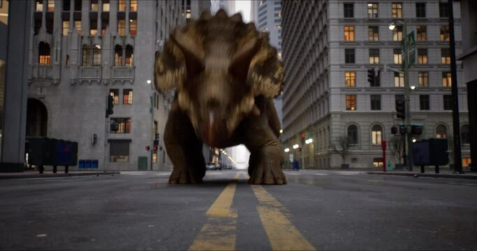 Triceratops walks down a New York street. Dinosaur. High skyscrapers downtown in the big city. USA, North America. 3D rendering
