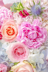 Flower bouquet with peony and roses, pastel festive and wedding background