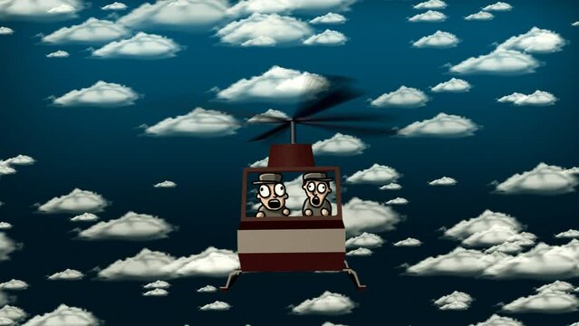 Cartoon animation of two pilots flying in the clouds.