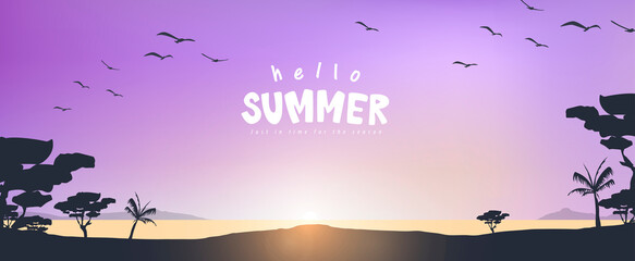 Summer poster banner background template with Scenic sunset on tropical beach
