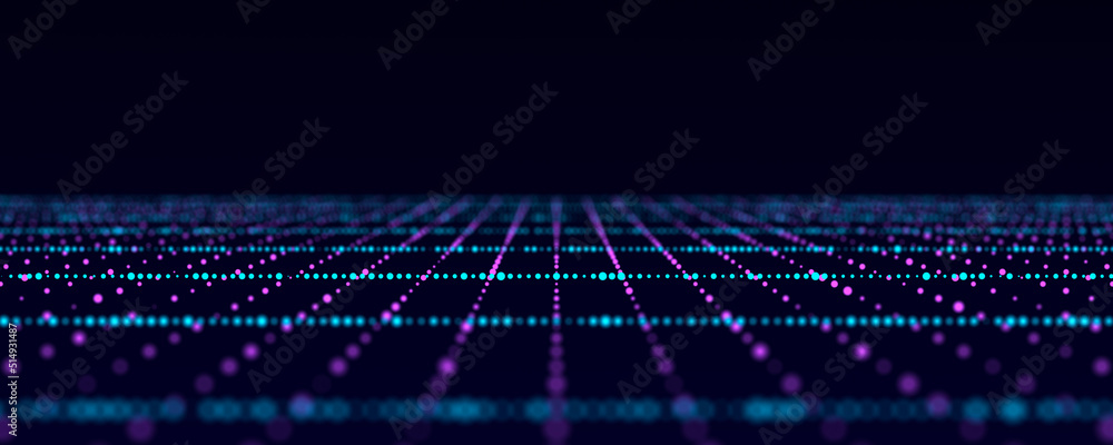Poster abstract blue perspective grid. digital background in retro style. cyber landscape on dark backgroun