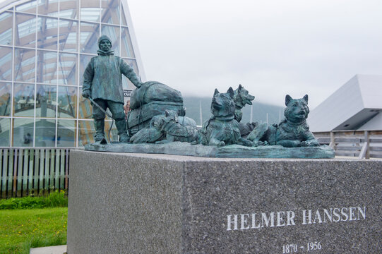 Tromso, Norway. 01.05.2015Statue to Helmer Hassen next to the museumShip MS Polstjerna,