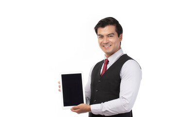 Portrait businessman working on new tablet, mobile phone in white studio. Portrait of a confident business man in black suit feeling happy and smile holding tablet or mobile phone isolated on white.