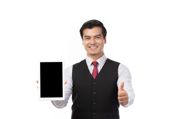 Portrait businessman working on new tablet, mobile phone in white studio. Portrait of a confident business man in black suit feeling happy and smile holding tablet or mobile phone isolated on white.