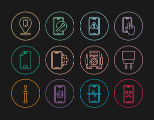 Set line Dead mobile, Charger, Mobile with exclamation mark, Phone repair service, Glass screen protector, Multimeter and icon. Vector