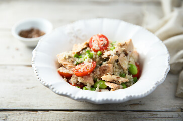 Quinoa bowl with salmon and edamame