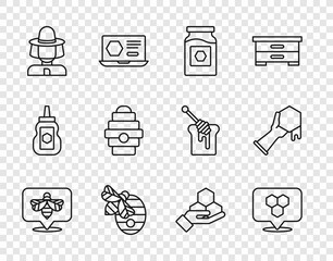 Set line Bee, Honeycomb bee location, Jar of honey, Hive for bees, Beekeeper with protect hat, and hand and icon. Vector