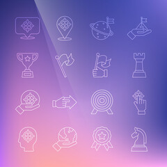 Set line Chess, Target, Moon with flag, Flag, Award cup, and Hand holding icon. Vector