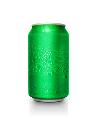Green aluminum cans with water droplets on a white Background