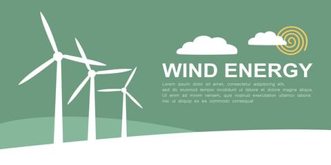 Wind turbine generator illustration banner. Wind power to generate electricity. Low carbon power to limit climate change. The renewable and clean energy source for sustainable development. © Win Nondakowit