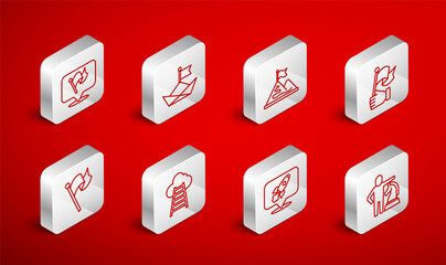 Set line Chess, Folded paper boat, Mountains with flag, Hand holding, Rocket ship, Flag, Stair finish and icon. Vector