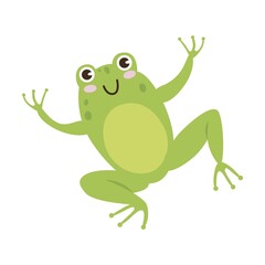 Cute frog cartoon character vector illustration. Green toad jumping and catching dragonflies isolated on white