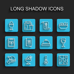 Set line Roasted turkey or chicken, Ice cream in bowl, Pizza knife, Cheese, Restaurant cafe menu, Wine glass and Hotel service bell icon. Vector