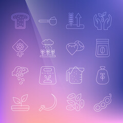 Set line Green peas, Bag of flour, coffee beans, Wheat, Plant sprouts grow in the rain, Pack full seeds plant, Bread toast and Seed icon. Vector