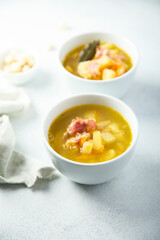 Homemade pea soup with smoked bacon