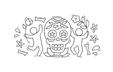 Cartoon people celebrate Day of the dead.