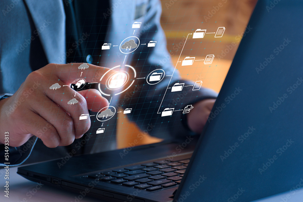 Poster digital file management concept. businessman are accessing big data storage on internet, digital sto