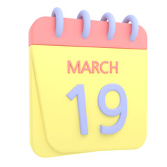 19th March 3D calendar icon. Web style. High resolution image. White background